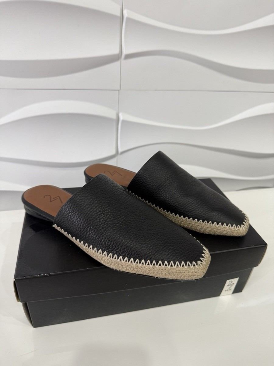 27 Edit Womens Size 8 Black Leather Slip On Flat Mules Made in Brazil