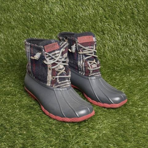 Sperry Saltwater Duck Boots Womens Size 6 Blue Red Wool Plaid Waterproof Rain