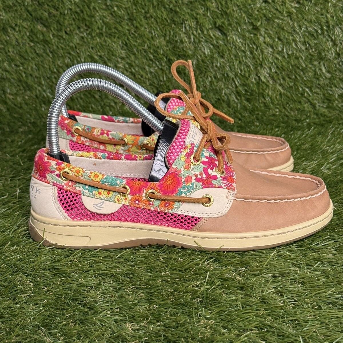 Sperry Top-Sider Womens Size 7.5 M Tan Pink Floral Mesh Leather Boat Shoes