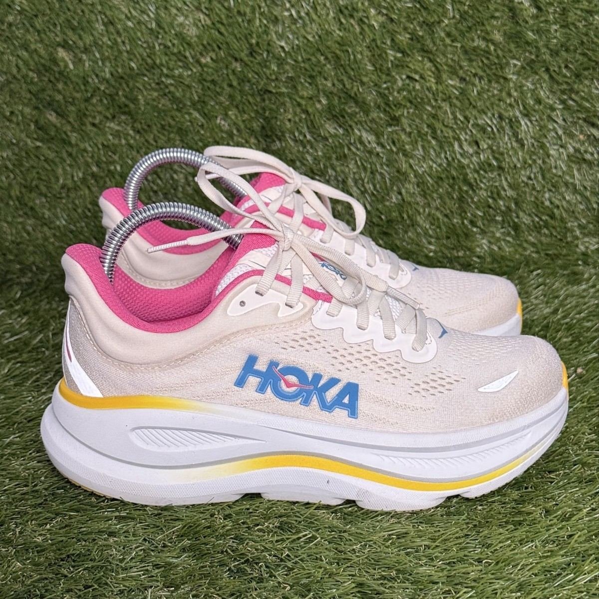 Hoka Bondi 9 Womens Size 8 D Wide Alabaster Pink Yellow Running Shoes