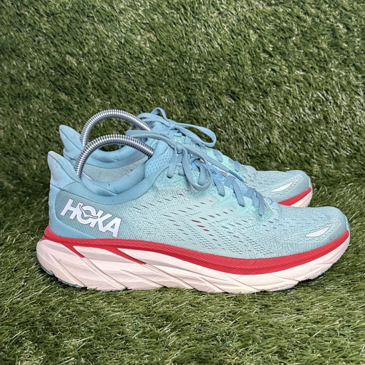 Hoka Clifton 8 Womens Size 9.5 B Aqua Blue Red Running Shoes 1119394