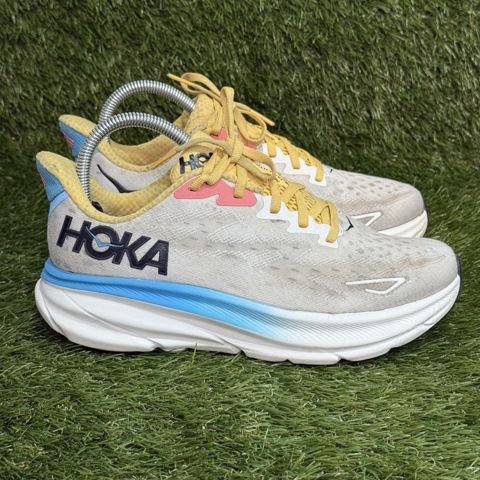 Hoka Clifton 9 Womens Size 7.5 B White Blue Yellow Running Shoes 1127896
