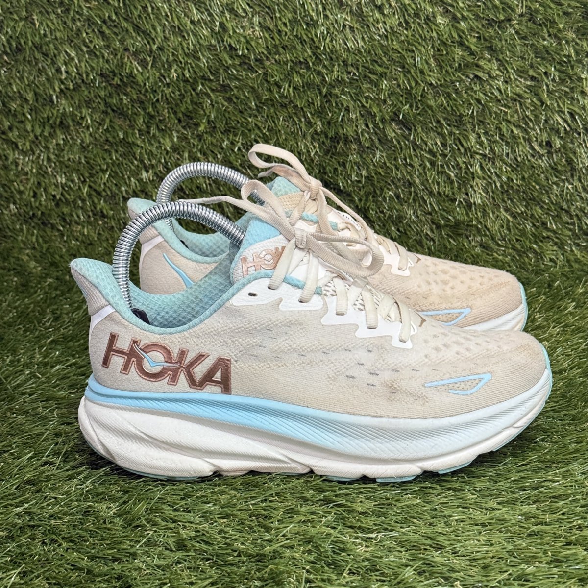 Hoka Clifton 9 Womens Size 6.5 B Cream Aqua Cushioned Running Shoes 1127896
